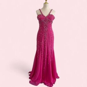 Y2K Sean Collection Hot Pink Sequin Beaded Prom Gown Size L